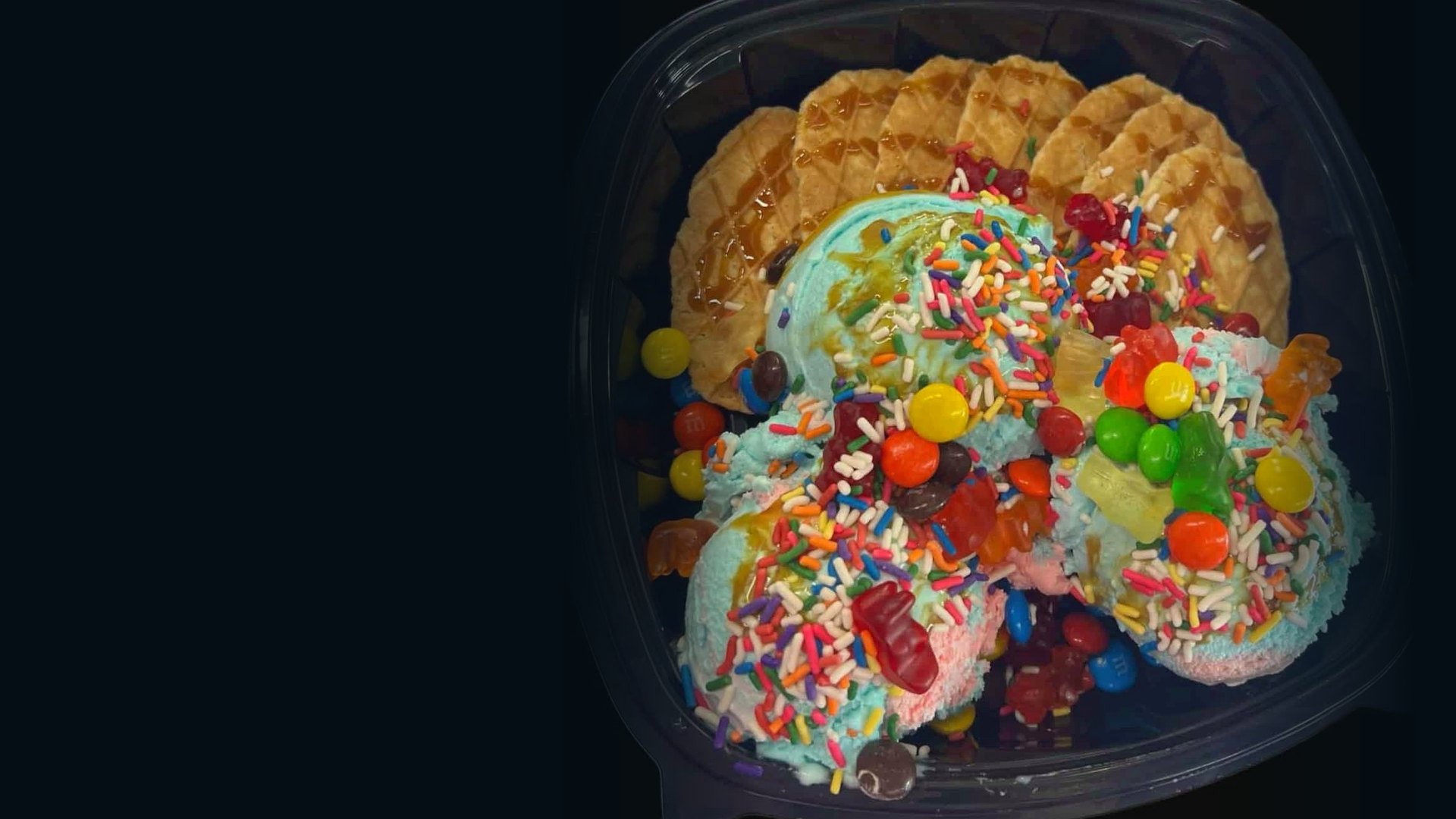 Three scoops, waffle chips and every topping you want at Unbothered Scoops