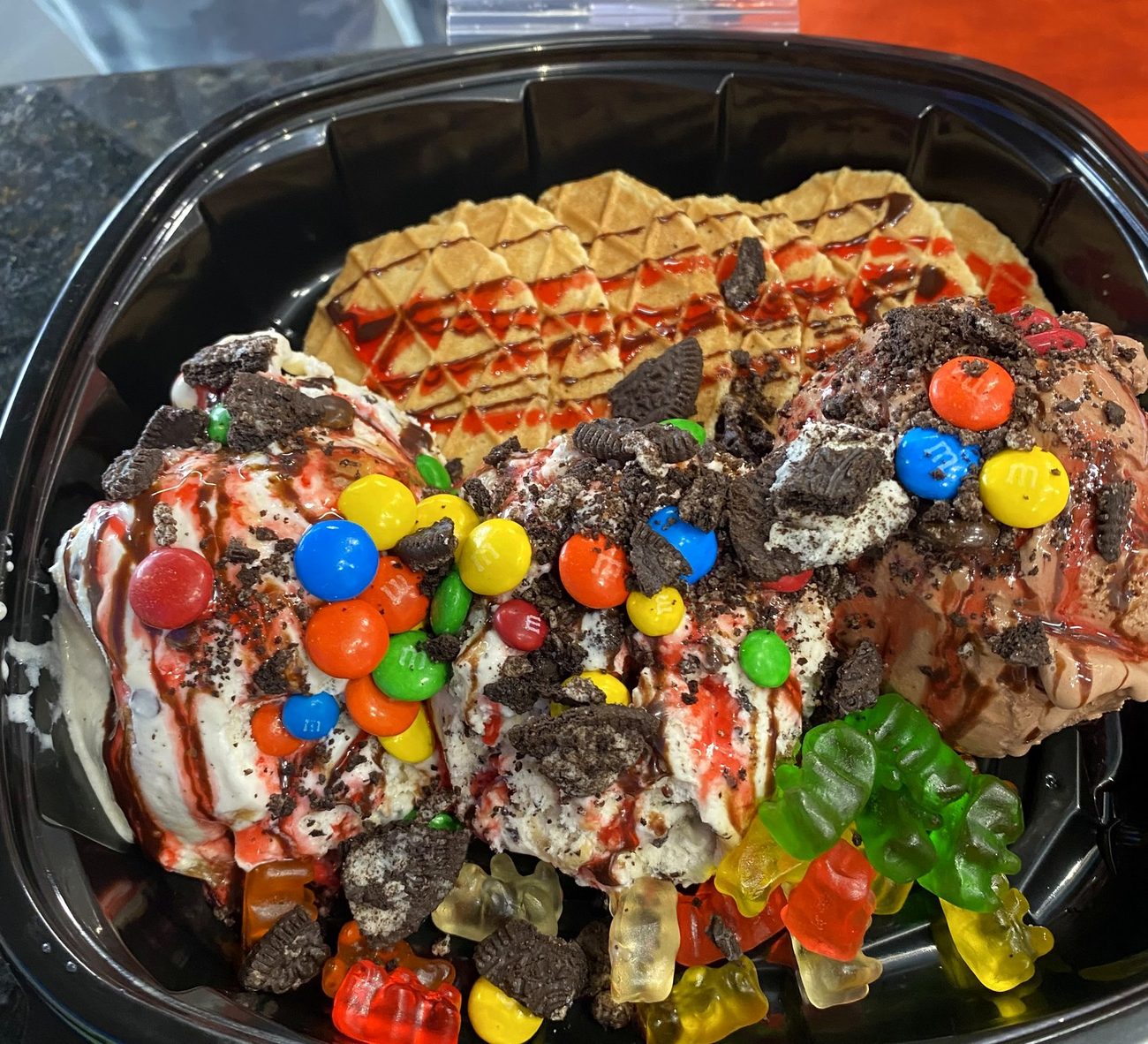 Loaded ice cream nachos with M&M's and gummy bears